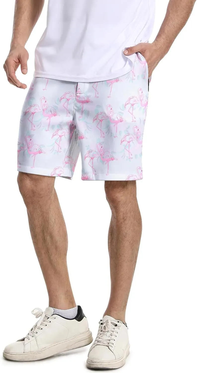 Mens Golf Shorts Print Casual Hiking Elastic Waist Dress Shorts with Zipper Pockets
