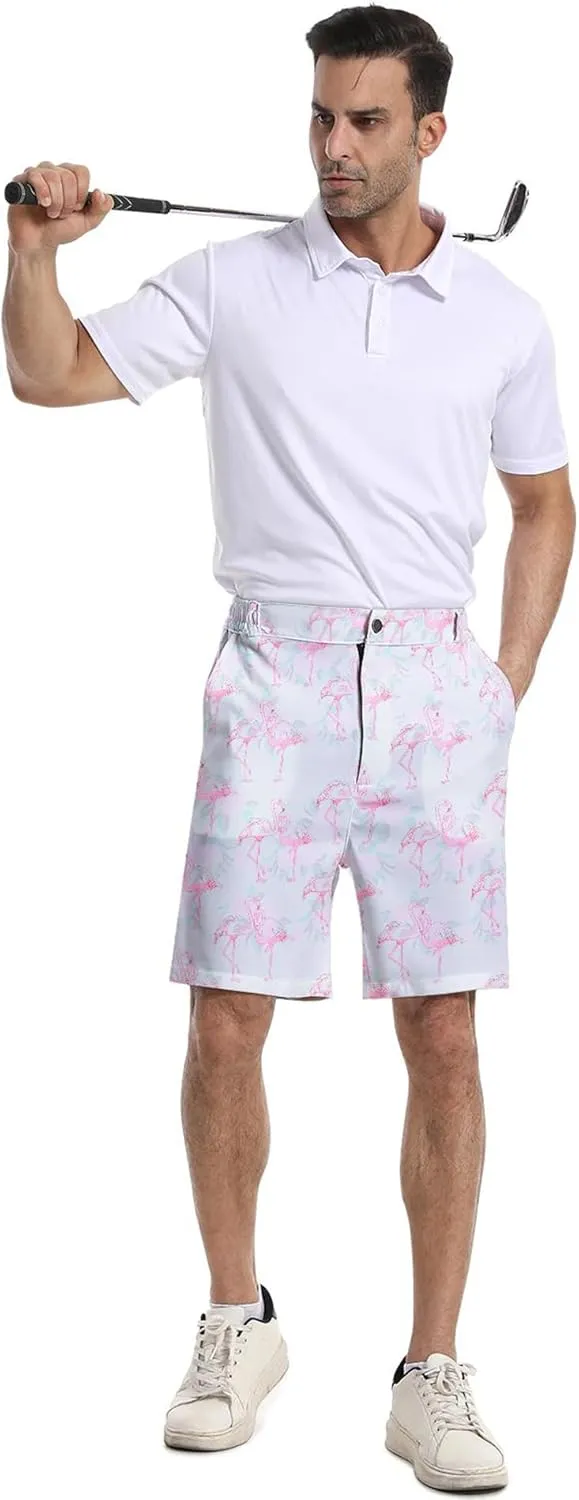 Mens Golf Shorts Print Casual Hiking Elastic Waist Dress Shorts with Zipper Pockets