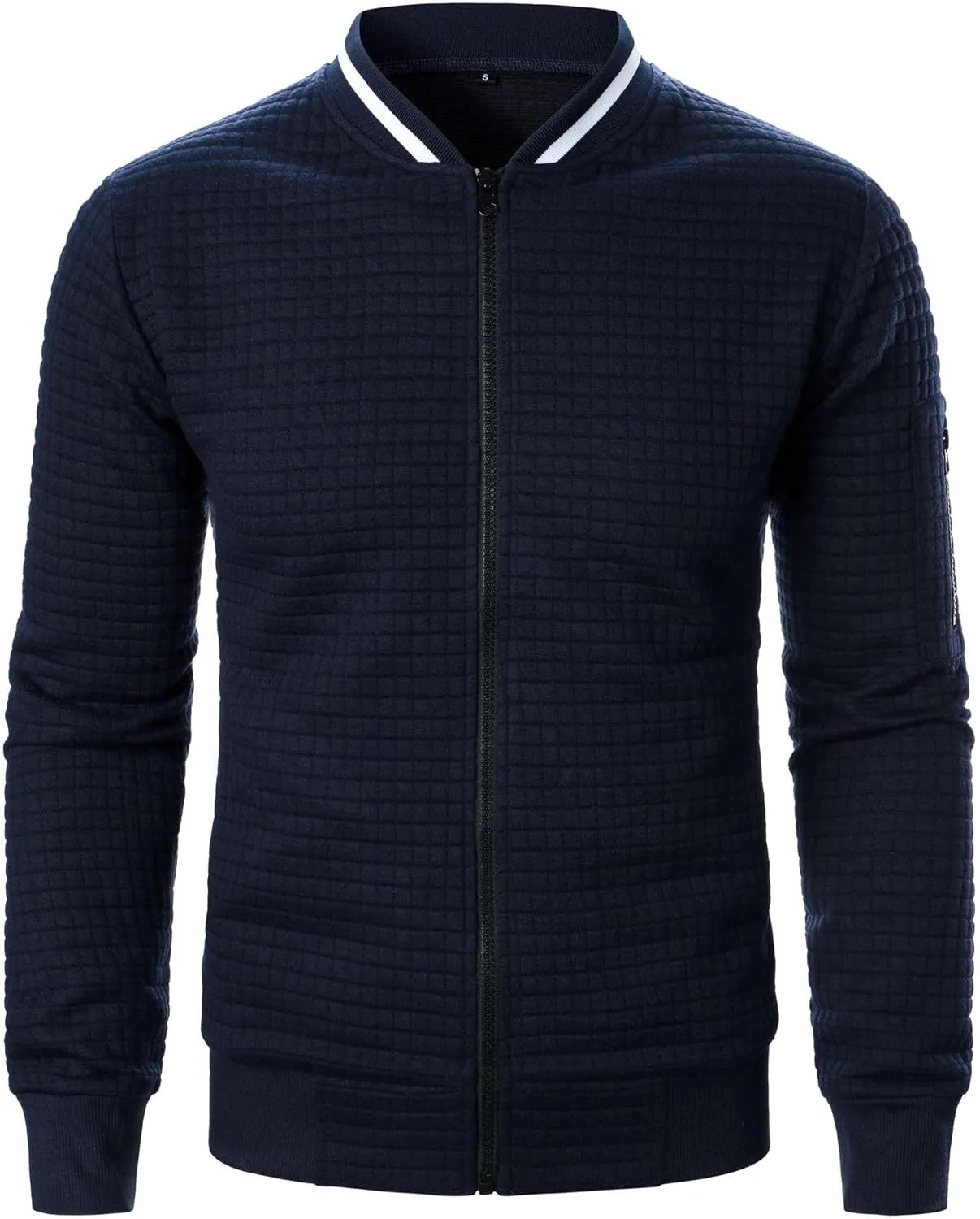 Men's Lightweight Varsity Jacket Full Zip Plaid Jacquard Jacket Stand Collar Waffle Coat Fashion Coat with Pockets