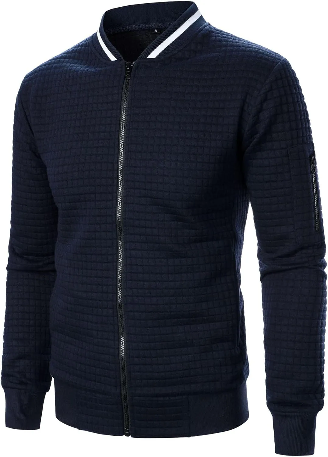 Men's Lightweight Varsity Jacket Full Zip Plaid Jacquard Jacket Stand Collar Waffle Coat Fashion Coat with Pockets