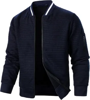 Men's Lightweight Varsity Jacket Full Zip Plaid Jacquard Jacket Stand Collar Waffle Coat Fashion Coat with Pockets
