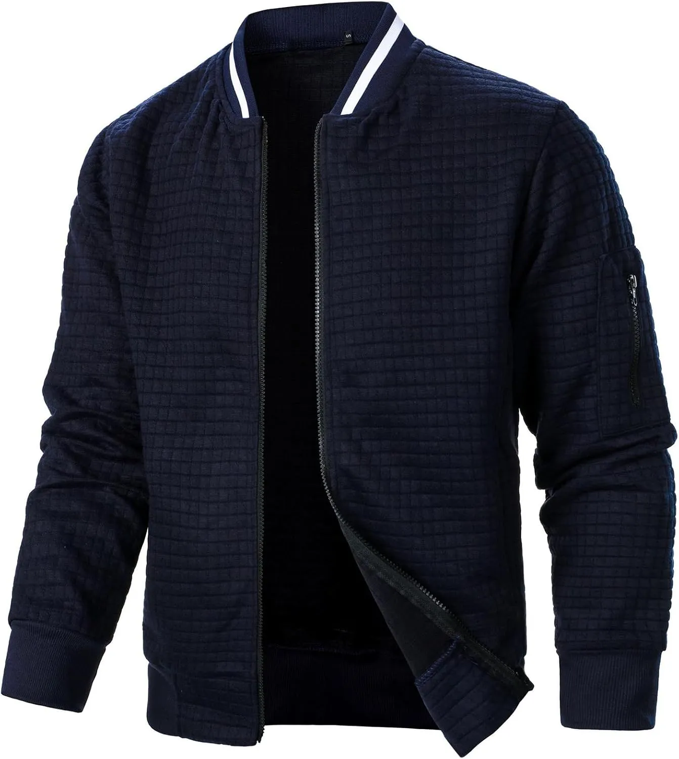Men's Lightweight Varsity Jacket Full Zip Plaid Jacquard Jacket Stand Collar Waffle Coat Fashion Coat with Pockets