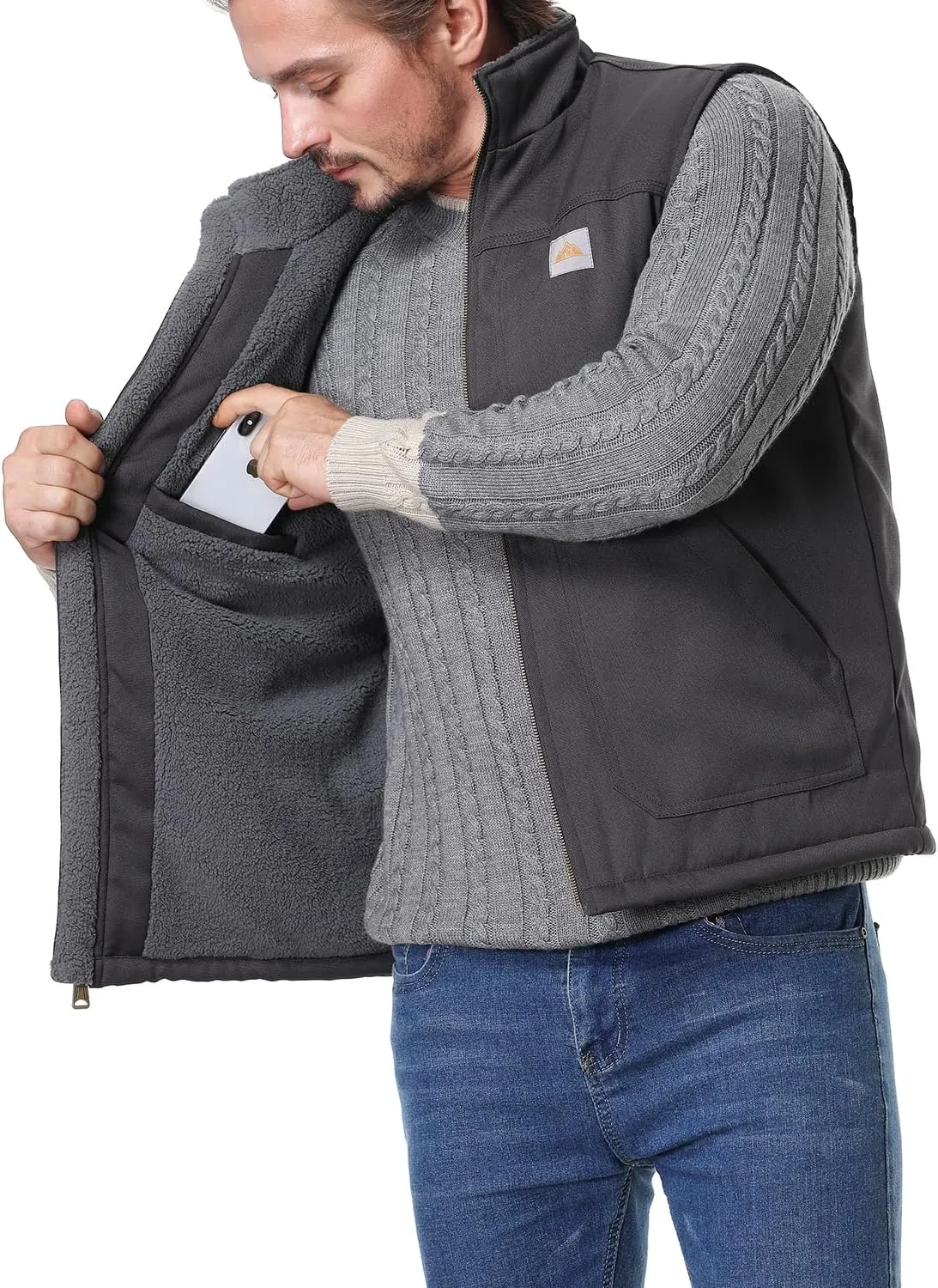 Men's Loose Fit Workwear Vest Fleece-Lined Durability Waterproof Mock-Neck Vest