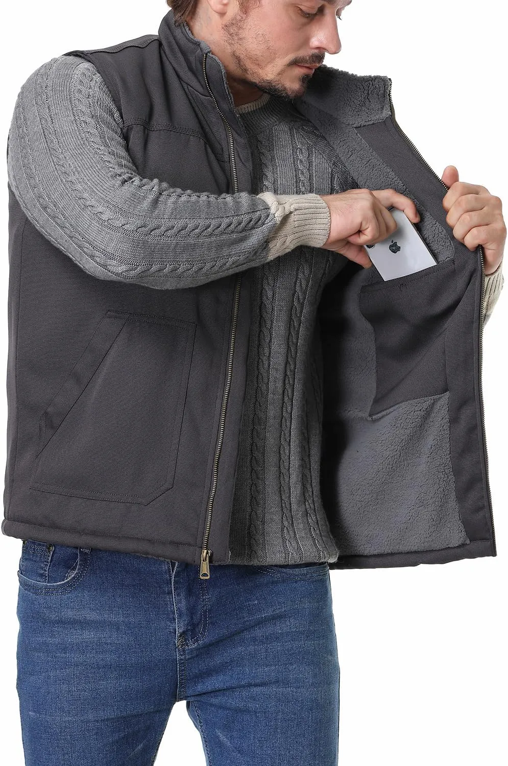 Men's Loose Fit Workwear Vest Fleece-Lined Durability Waterproof Mock-Neck Vest