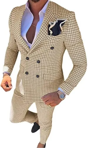 Mens Plaid Slim Fit 2 Pieces Suit Casual Notched Lapel Blazer Tuxedo Sport Coat Trousers