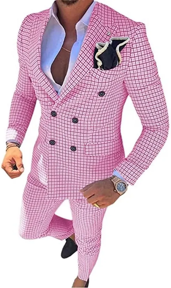 Mens Plaid Slim Fit 2 Pieces Suit Casual Notched Lapel Blazer Tuxedo Sport Coat Trousers