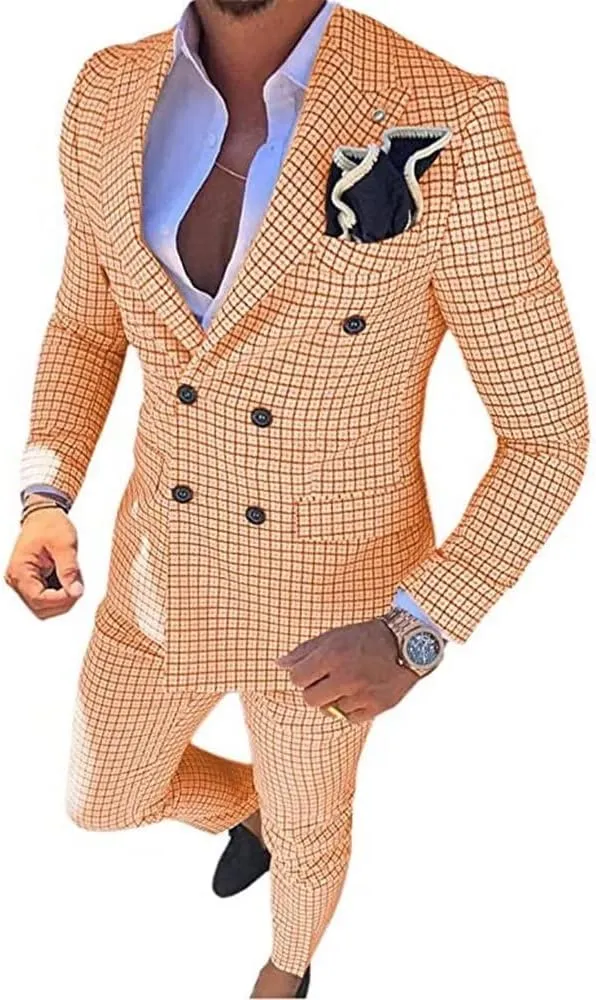 Mens Plaid Slim Fit 2 Pieces Suit Casual Notched Lapel Blazer Tuxedo Sport Coat Trousers