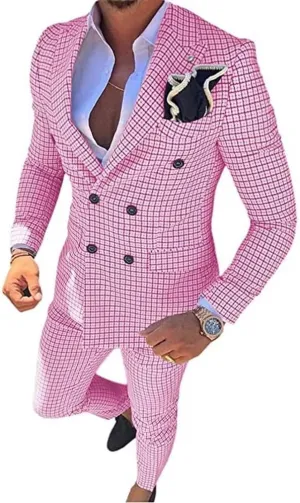 Mens Plaid Slim Fit 2 Pieces Suit Casual Notched Lapel Blazer Tuxedo Sport Coat Trousers