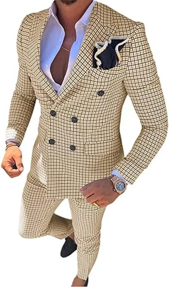 Mens Plaid Slim Fit 2 Pieces Suit Casual Notched Lapel Blazer Tuxedo Sport Coat Trousers