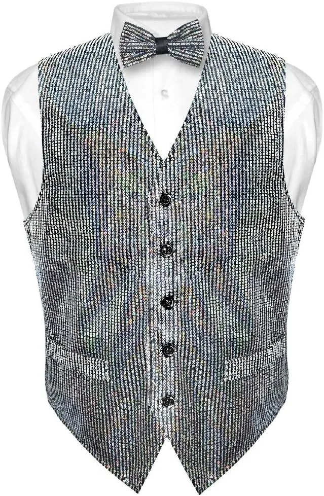 Men's SEQUIN Design Dress Vest & Bow Tie RED Color BOWTie Set for Suit Tux