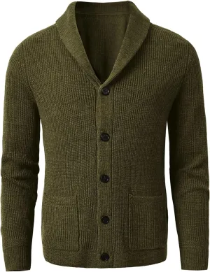 Men's Shawl Collar Cardigan Sweater Button Slim fit Wired Knitted Merino Wool Sweater