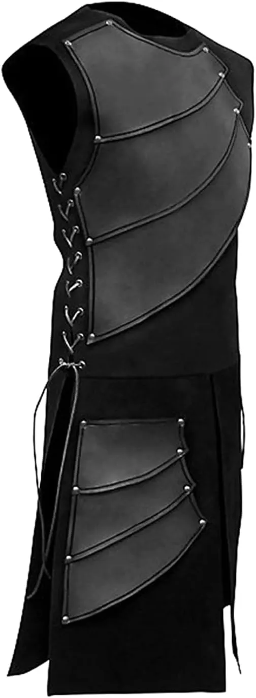 Men's Side laces up Knight Viking Pirate Armor Long Waistcoats Vests Long Bracer Costume Set