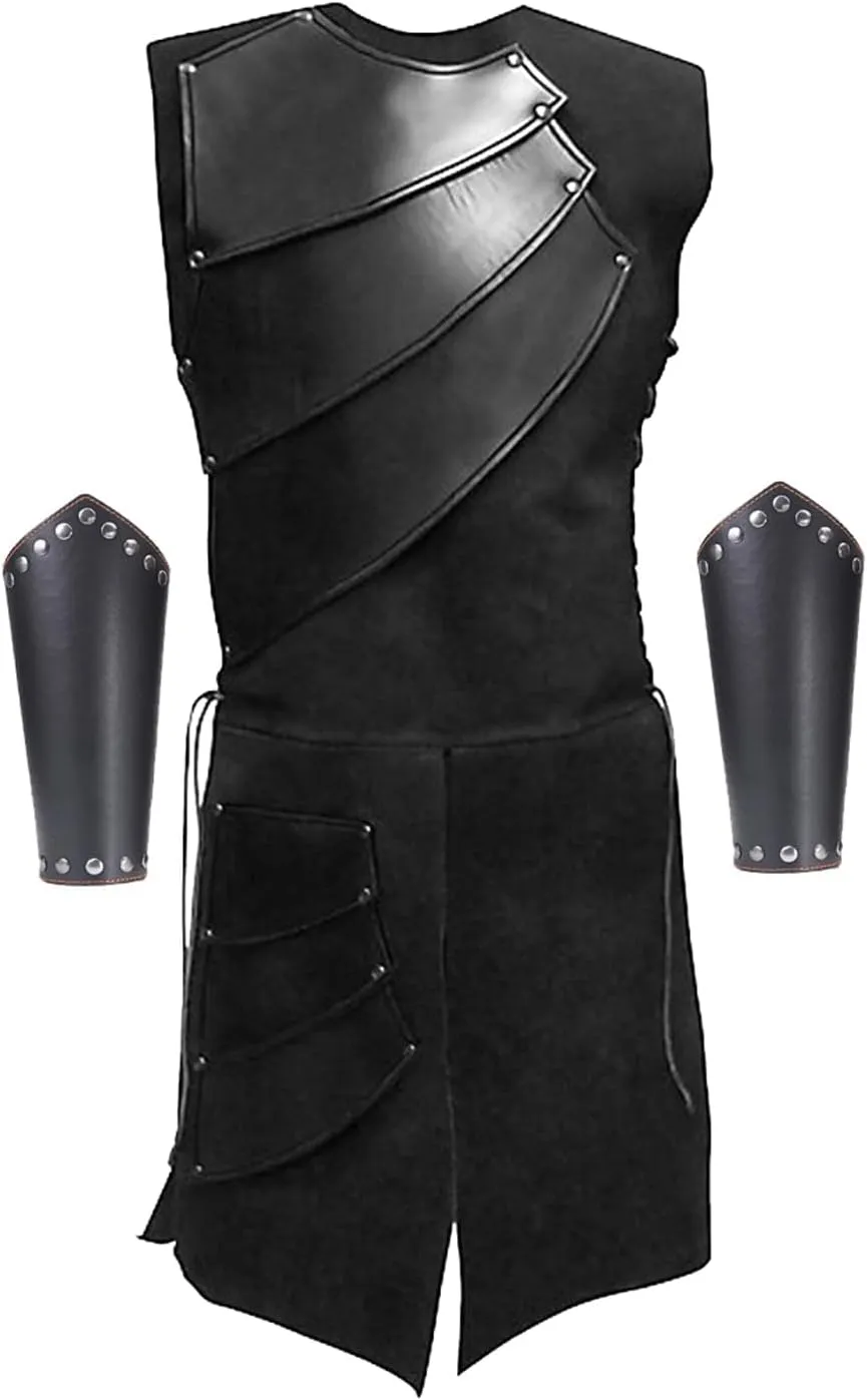 Men's Side laces up Knight Viking Pirate Armor Long Waistcoats Vests Long Bracer Costume Set