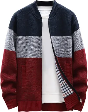 Mens Sweater Jackets Casual Stand Collar Knitted Sweater Cardigan Lightweight Fleece Lined Full Zip Knitwear Coat