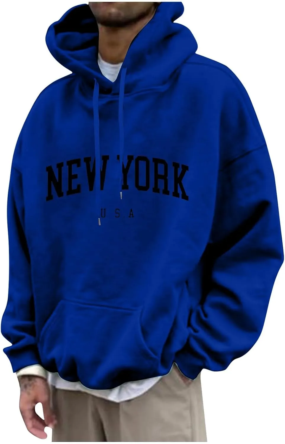 Mens Sweatshirt 2024 Casual Cotton Hooded Collar Drawstring Hoodie Letter Print Long Sleeve Warm Pullover with Pocket