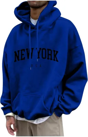 Mens Sweatshirt 2024 Casual Cotton Hooded Collar Drawstring Hoodie Letter Print Long Sleeve Warm Pullover with Pocket