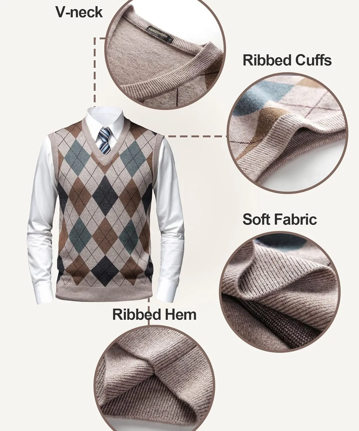 Mens Thick Argyle Sweater Vests Classic V-Neck Knitwear Sleeveless Pullover Autumn Winter Warm Tank Tops