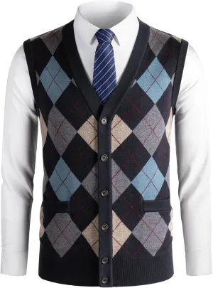 Mens Thick Argyle Sweater Vests Classic V-Neck Knitwear Sleeveless Pullover Autumn Winter Warm Tank Tops