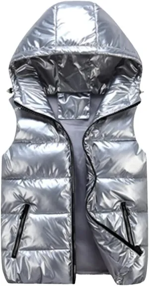 Men's Winter Vest Silver Cotton-Padded Hooded Coats Sleeveless Jackets Casual Thick Waistcoats