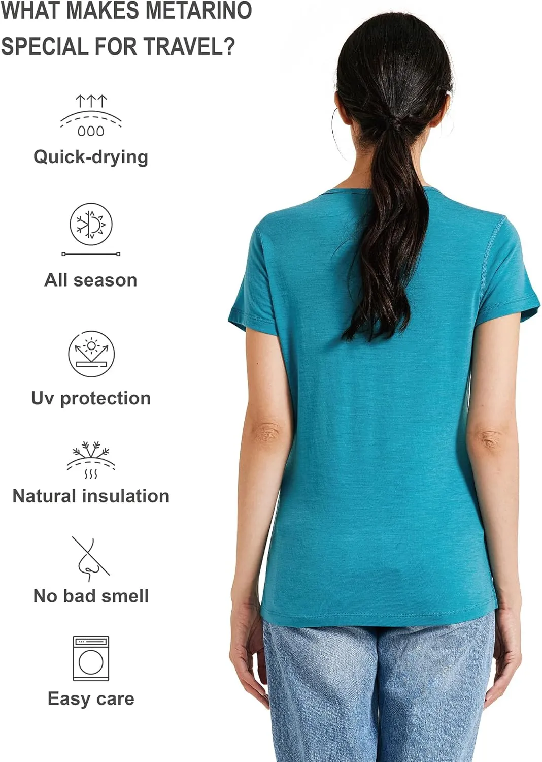 METARINO Merino Wool T-Shirt Women Short Sleeve Lightweight Crew Neck Base Layer Tee Shirt for Hiking,Sport