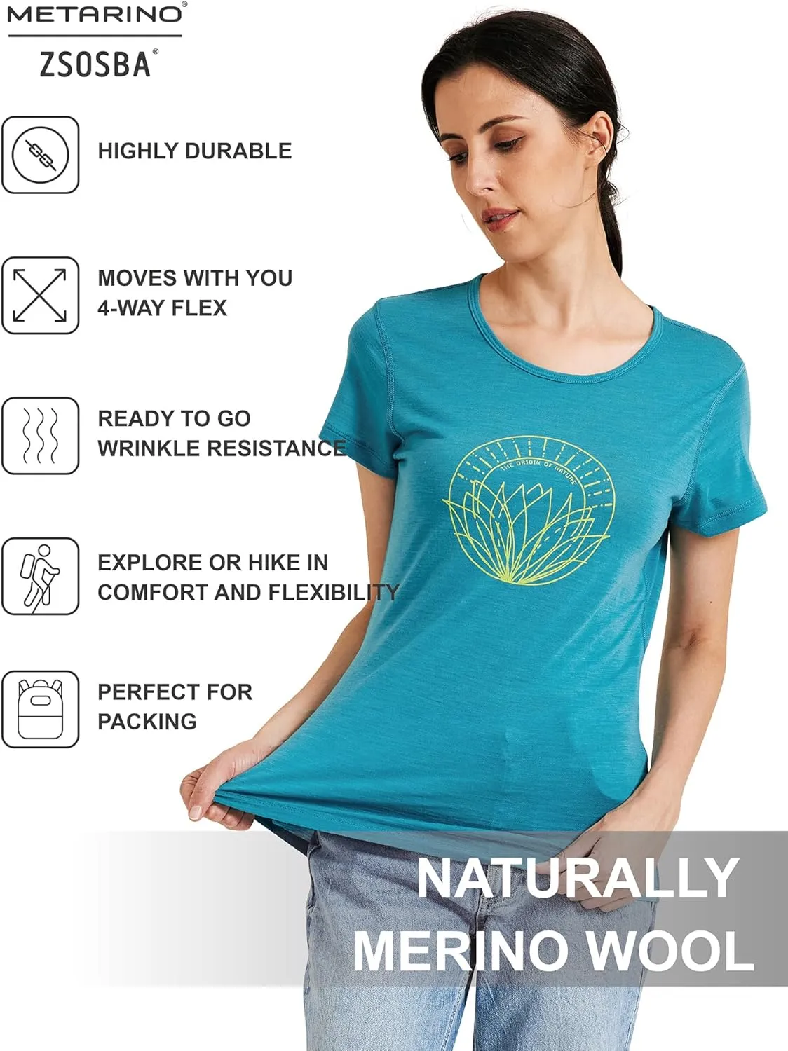 METARINO Merino Wool T-Shirt Women Short Sleeve Lightweight Crew Neck Base Layer Tee Shirt for Hiking,Sport