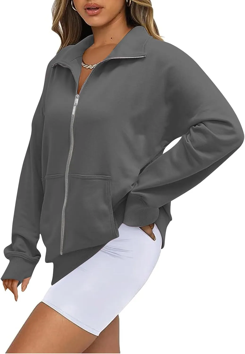 midelxp Womens Cropped Zip Up Hoodie Casual Fleece Stand Collar Sweatshirt Loose Quarter Zip Long Sleeve Pullover Sports Top