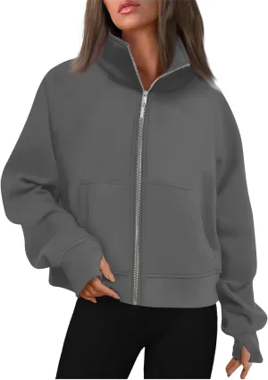 midelxp Womens Cropped Zip Up Hoodie Casual Fleece Stand Collar Sweatshirt Loose Quarter Zip Long Sleeve Pullover Sports Top