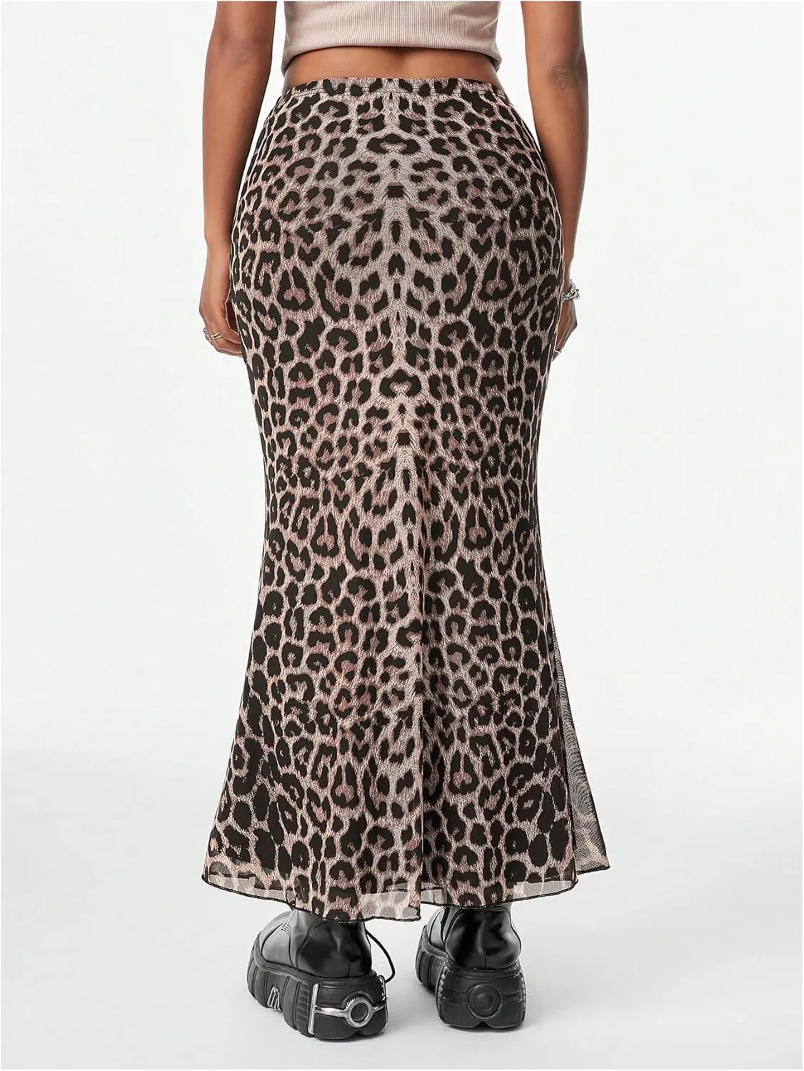 Milumia Women's Leopard Print Mesh Long Skirt High Waist Lettuce Trim Bodycon Y2K Skirts