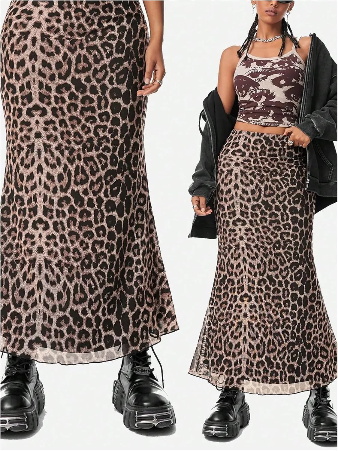 Milumia Women's Leopard Print Mesh Long Skirt High Waist Lettuce Trim Bodycon Y2K Skirts
