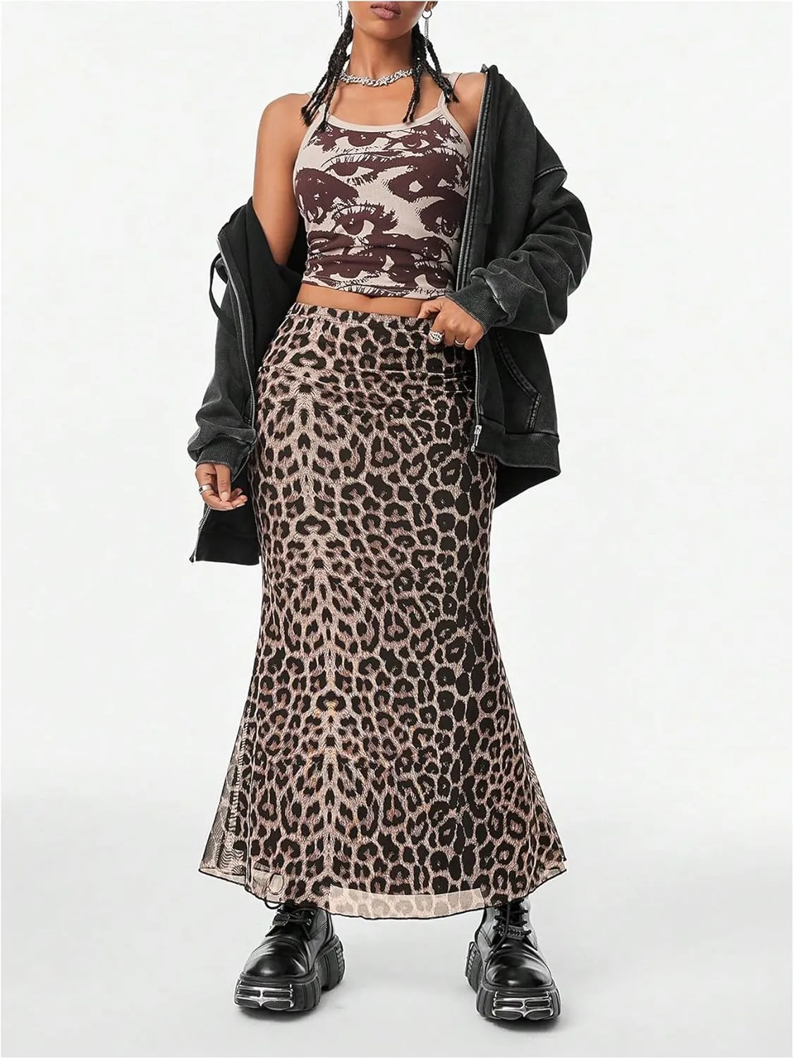 Milumia Women's Leopard Print Mesh Long Skirt High Waist Lettuce Trim Bodycon Y2K Skirts