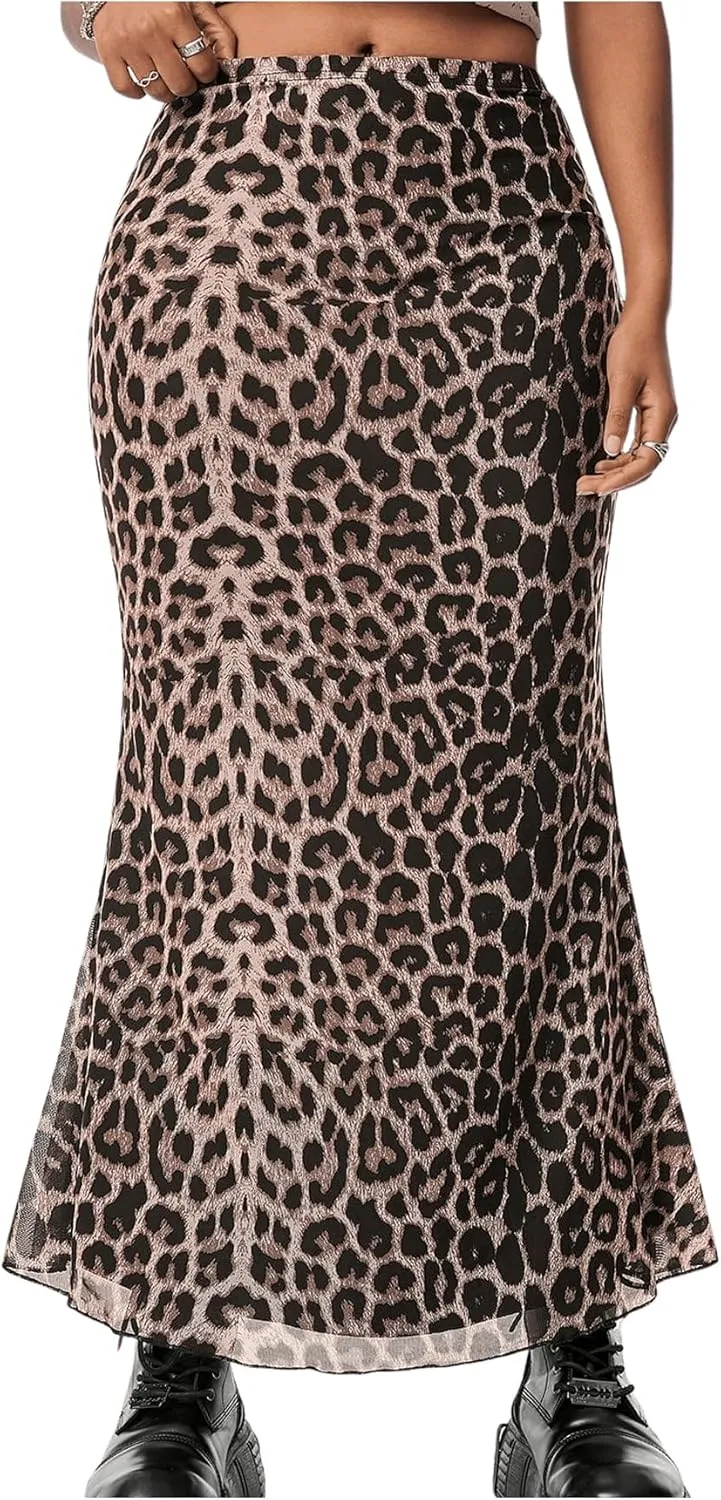 Milumia Women's Leopard Print Mesh Long Skirt High Waist Lettuce Trim Bodycon Y2K Skirts