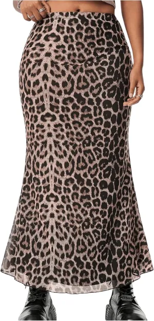 Milumia Women's Leopard Print Mesh Long Skirt High Waist Lettuce Trim Bodycon Y2K Skirts