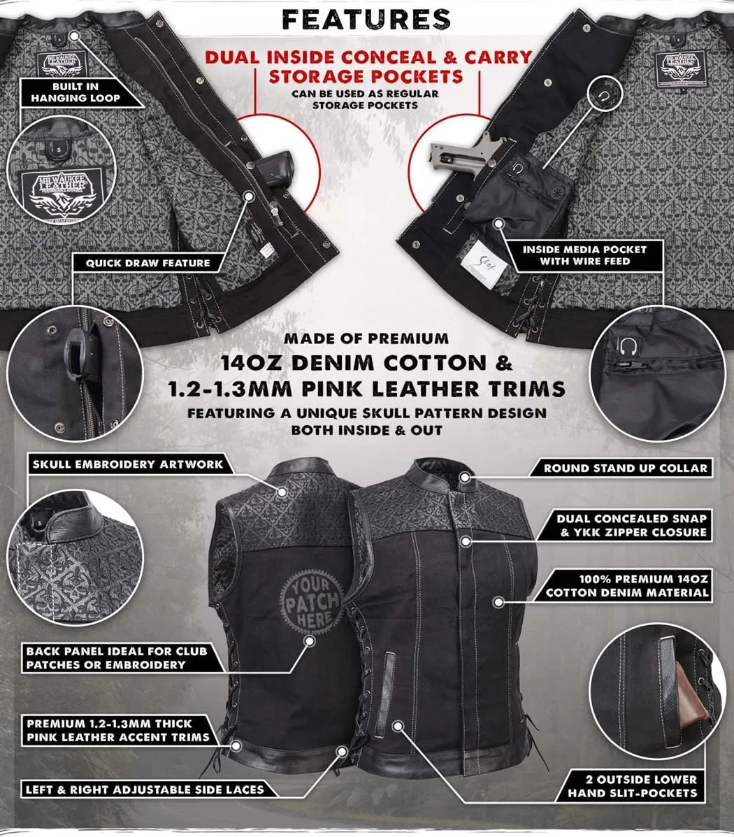 Milwaukee Leather MDL4052 Women's 'Skelly' Black Motorcycle Denim Vest w/Skull Embroidery - 2X-Large