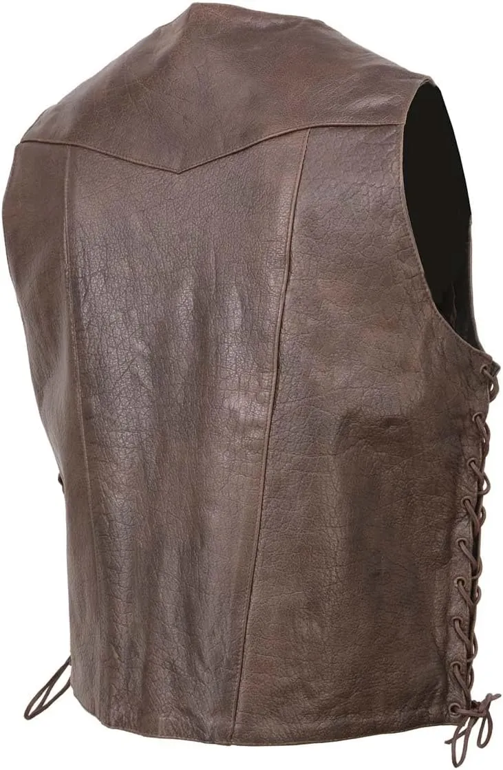 Milwaukee Leather ML1391RT Men's Retro Brown Leather Vest- 10 Pockets Side Lace 4-Snap V-Neck Motorcycle Rider Vest