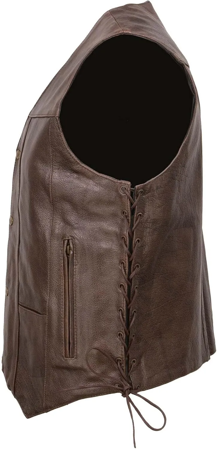 Milwaukee Leather ML1391RT Men's Retro Brown Leather Vest- 10 Pockets Side Lace 4-Snap V-Neck Motorcycle Rider Vest