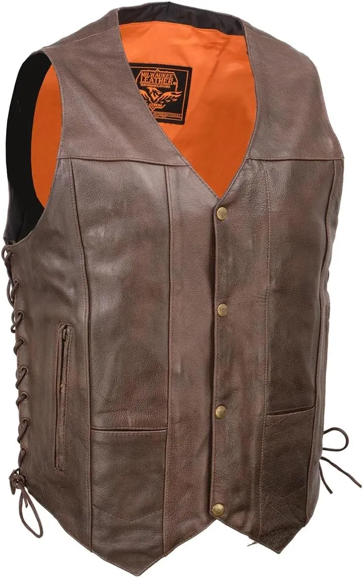 Milwaukee Leather ML1391RT Men's Retro Brown Leather Vest- 10 Pockets Side Lace 4-Snap V-Neck Motorcycle Rider Vest