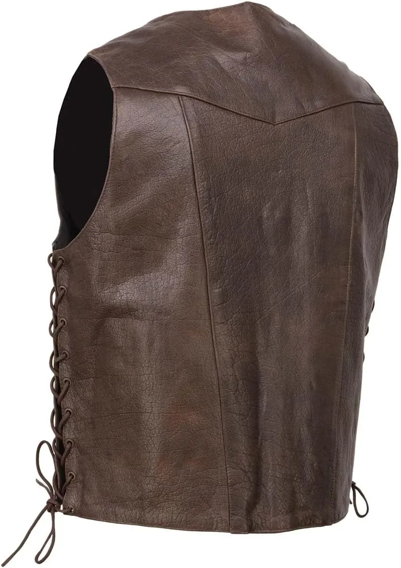 Milwaukee Leather ML1391RT Men's Retro Brown Leather Vest- 10 Pockets Side Lace 4-Snap V-Neck Motorcycle Rider Vest