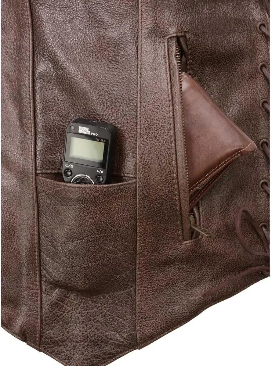 Milwaukee Leather ML1391RT Men's Retro Brown Leather Vest- 10 Pockets Side Lace 4-Snap V-Neck Motorcycle Rider Vest