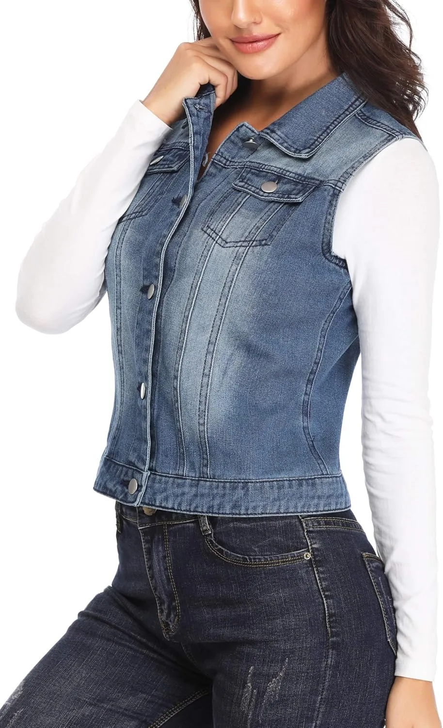 MISS MOLY Women's Denim Vest Cropped Classic Sleeveless Jean Vest Jackets With Flap Pockets