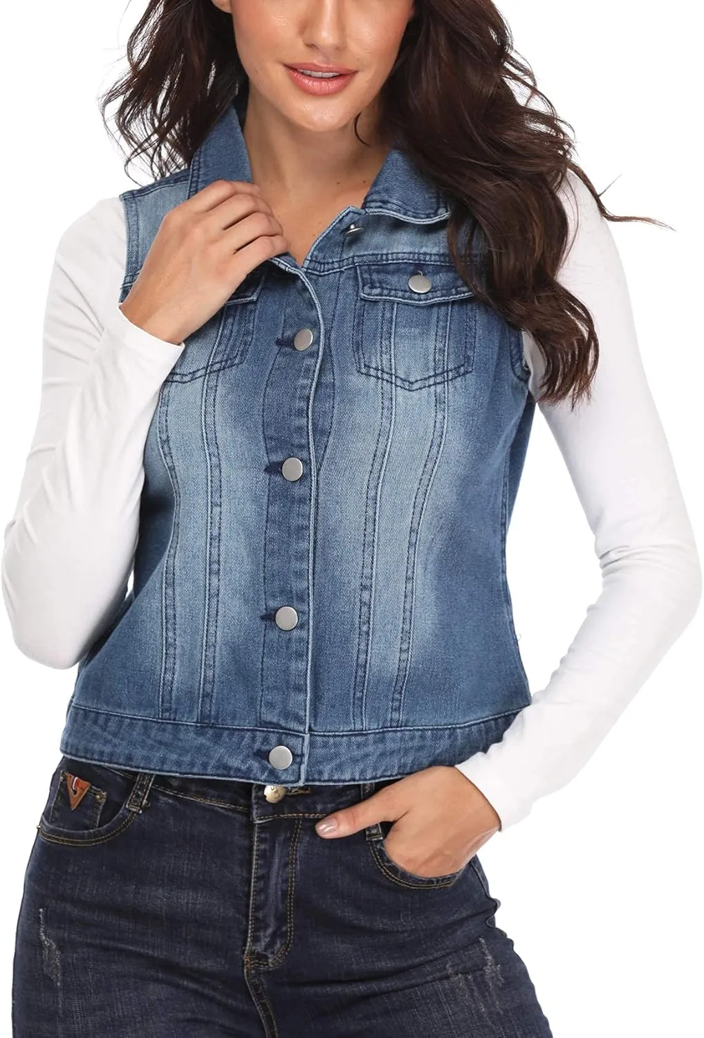 MISS MOLY Women's Denim Vest Cropped Classic Sleeveless Jean Vest Jackets With Flap Pockets