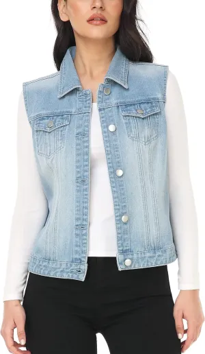 MISS MOLY Women's Denim Vest Cropped Classic Sleeveless Jean Vest Jackets With Flap Pockets
