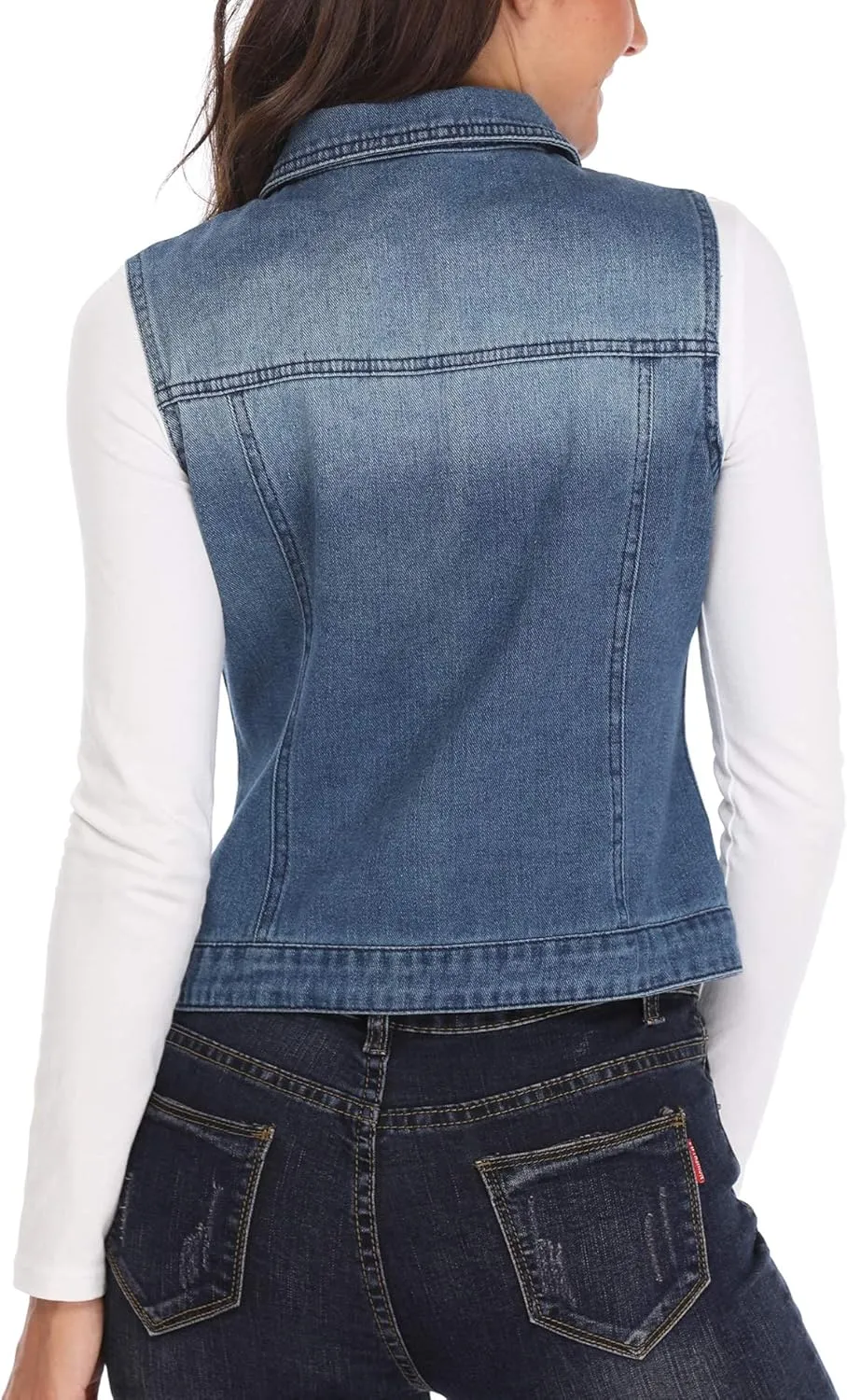 MISS MOLY Women's Denim Vest Cropped Classic Sleeveless Jean Vest Jackets With Flap Pockets