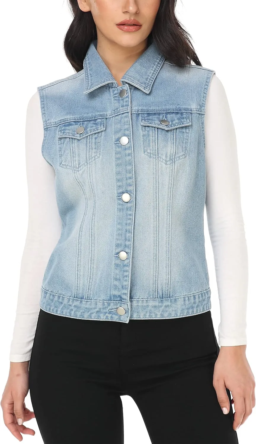 MISS MOLY Women's Denim Vest Cropped Classic Sleeveless Jean Vest Jackets With Flap Pockets