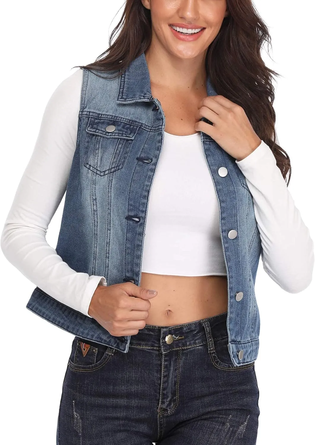 MISS MOLY Women's Denim Vest Cropped Classic Sleeveless Jean Vest Jackets With Flap Pockets