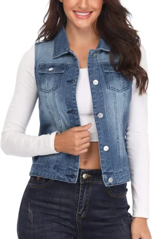 MISS MOLY Women's Denim Vest Cropped Classic Sleeveless Jean Vest Jackets With Flap Pockets