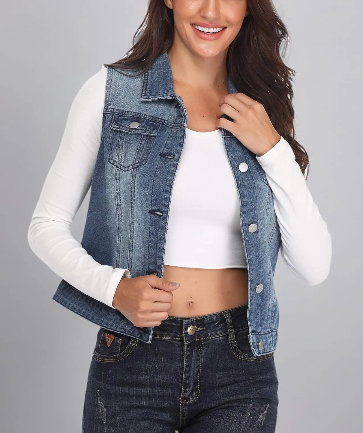 MISS MOLY Women's Denim Vest Cropped Classic Sleeveless Jean Vest Jackets With Flap Pockets