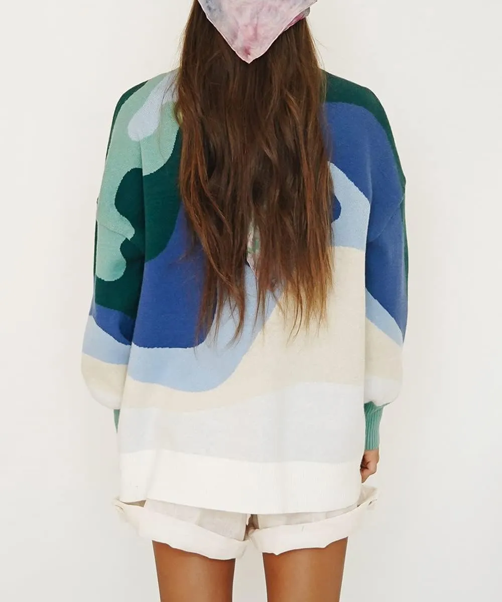 MISSACTIVER Women Casual Knitted Mock Neck Sweater Print Colorblock Long Sleeve Loose Fit Pullover Knitwear