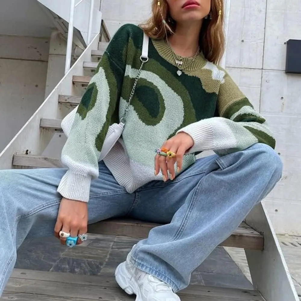 MISSACTIVER Women Casual Knitted Mock Neck Sweater Print Colorblock Long Sleeve Loose Fit Pullover Knitwear