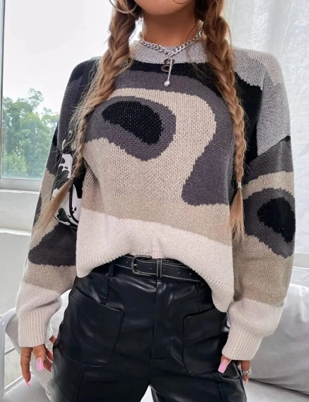 MISSACTIVER Women Casual Knitted Mock Neck Sweater Print Colorblock Long Sleeve Loose Fit Pullover Knitwear