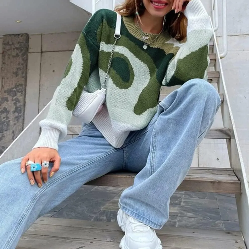 MISSACTIVER Women Casual Knitted Mock Neck Sweater Print Colorblock Long Sleeve Loose Fit Pullover Knitwear